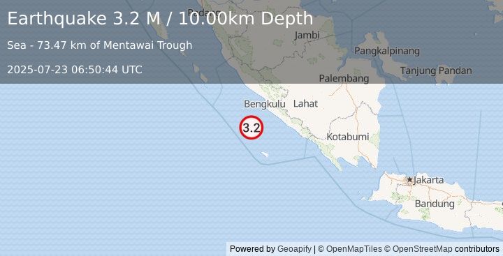 Earthquake Southern Sumatra, Indonesia (3.2 M) (2025-07-23 06:50:44 UTC)