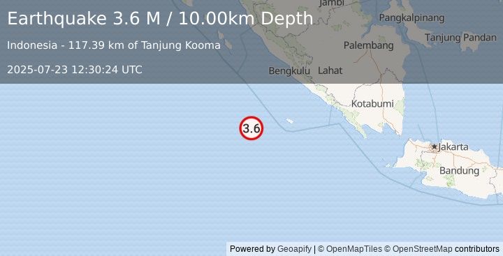 Earthquake Southwest of Sumatra, Indonesia (3.6 M) (2025-07-23 12:30:24 UTC)