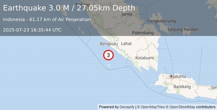 Earthquake Southern Sumatra, Indonesia (3.0 M) (2025-07-23 16:35:44 UTC)
