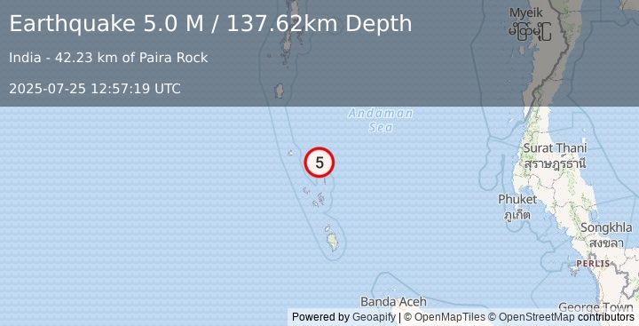 Earthquake Nicobar Islands, India Region (5.0 M) (2025-07-25 12:57:19 UTC)