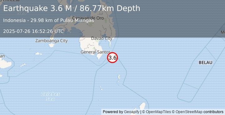 Earthquake Mindanao, Philippines (3.6 M) (2025-07-26 16:52:26 UTC)
