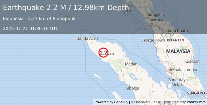 Earthquake Northern Sumatra, Indonesia (2.2 M) (2025-07-27 01:30:16 UTC)