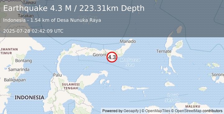 Earthquake Minahassa Peninsula, Sulawesi (4.3 M) (2025-07-28 02:42:09 UTC)