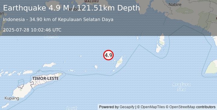 Earthquake Tanimbar Islands Region, Indonesia (4.9 M) (2025-07-28 10:02:46 UTC)