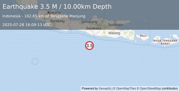 Earthquake South of Java, Indonesia (3.5 M) (2025-07-28 16:09:13 UTC)