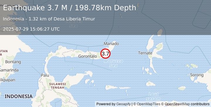 Earthquake Minahassa Peninsula, Sulawesi (3.7 M) (2025-07-29 15:06:27 UTC)