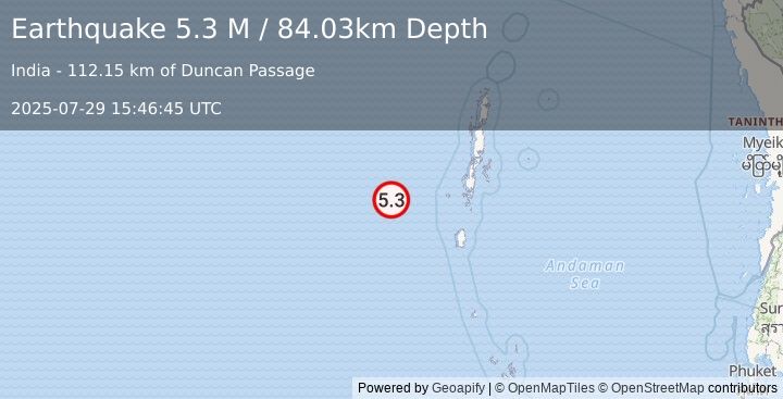Earthquake Andaman Islands, India Region (5.3 M) (2025-07-29 15:46:45 UTC)
