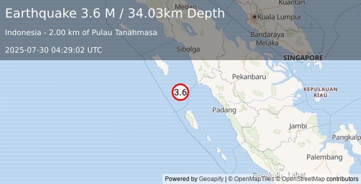 Earthquake Southern Sumatra, Indonesia (3.6 M) (2025-07-30 04:29:02 UTC)