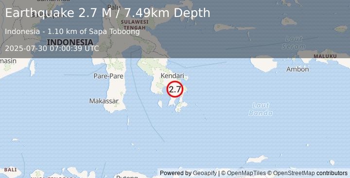 Earthquake Sulawesi, Indonesia (2.7 M) (2025-07-30 07:00:39 UTC)