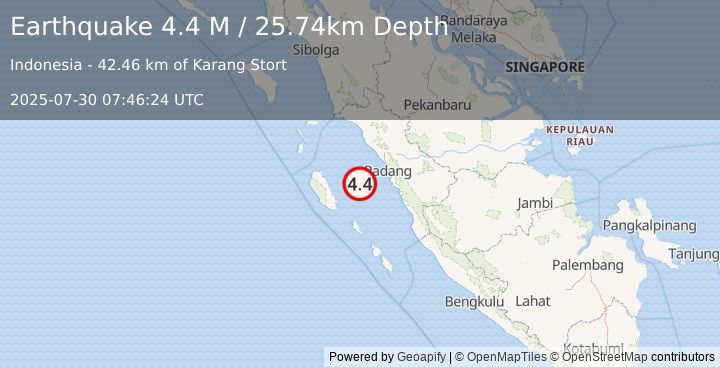 Earthquake Southern Sumatra, Indonesia (4.4 M) (2025-07-30 07:46:24 UTC)