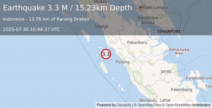 Earthquake Southern Sumatra, Indonesia (3.3 M) (2025-07-30 10:44:37 UTC)