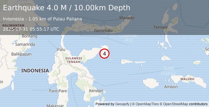 Earthquake Sulawesi, Indonesia (4.0 M) (2025-07-31 05:55:17 UTC)
