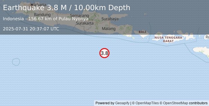 Earthquake South of Java, Indonesia (3.8 M) (2025-07-31 20:37:07 UTC)