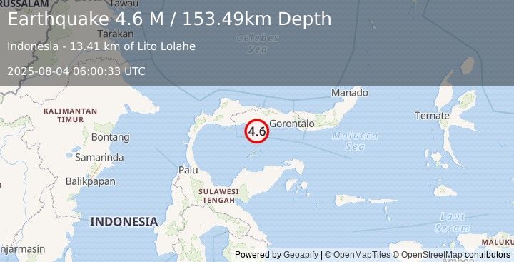 Earthquake Minahassa Peninsula, Sulawesi (4.6 M) (2025-08-04 06:00:33 UTC)