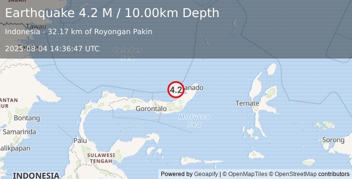 Earthquake Minahassa Peninsula, Sulawesi (4.2 M) (2025-08-04 14:36:47 UTC)