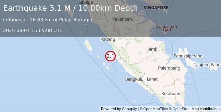 Earthquake Southern Sumatra, Indonesia (3.1 M) (2025-08-04 15:05:08 UTC)
