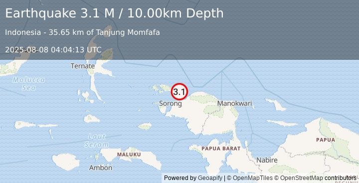 Earthquake West Papua Region, Indonesia (3.1 M) (2025-08-08 04:04:13 UTC)