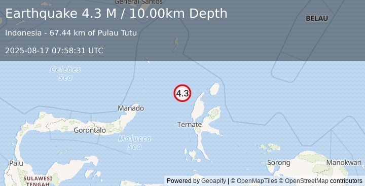 Earthquake Northern Molucca Sea (4.3 M) (2025-08-17 07:58:32 UTC)