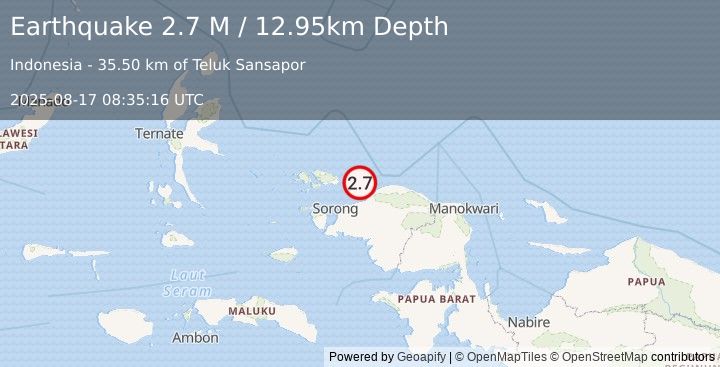Earthquake West Papua Region, Indonesia (2.7 M) (2025-08-17 08:35:16 UTC)