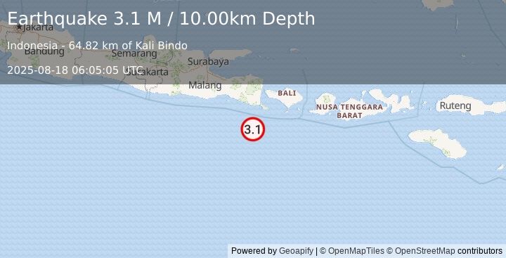 Earthquake South of Bali, Indonesia (3.1 M) (2025-08-18 06:05:05 UTC)