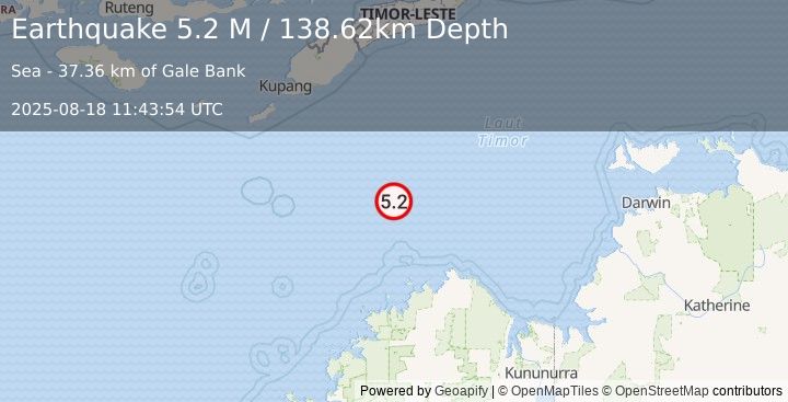 Earthquake South of Timor, Indonesia (5.2 M) (2025-08-18 11:43:54 UTC)