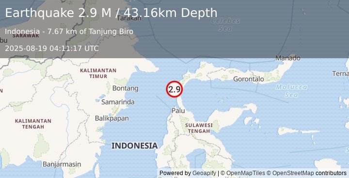 Earthquake Minahassa Peninsula, Sulawesi (2.9 M) (2025-08-19 04:11:17 UTC)