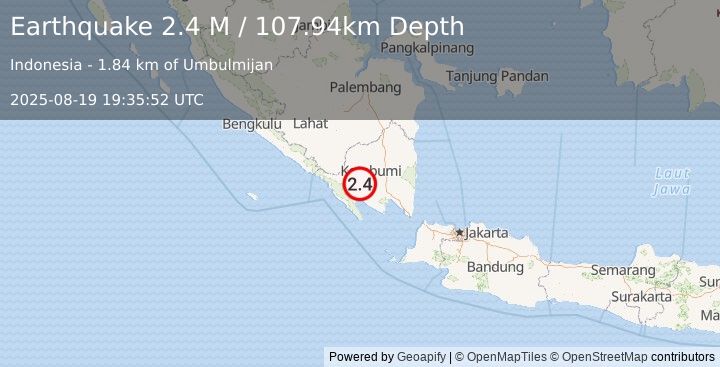 Earthquake Southern Sumatra, Indonesia (2.4 M) (2025-08-19 19:35:52 UTC)