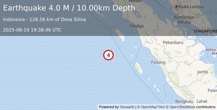 Earthquake Southwest of Sumatra, Indonesia (4.0 M) (2025-08-19 19:38:47 UTC)