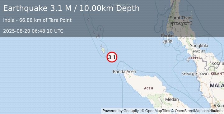 Earthquake Nicobar Islands, India Region (3.1 M) (2025-08-20 06:48:10 UTC)
