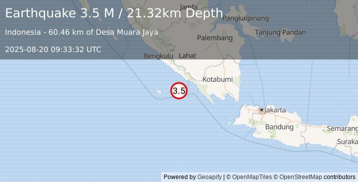 Earthquake Southern Sumatra, Indonesia (3.5 M) (2025-08-20 09:33:32 UTC)