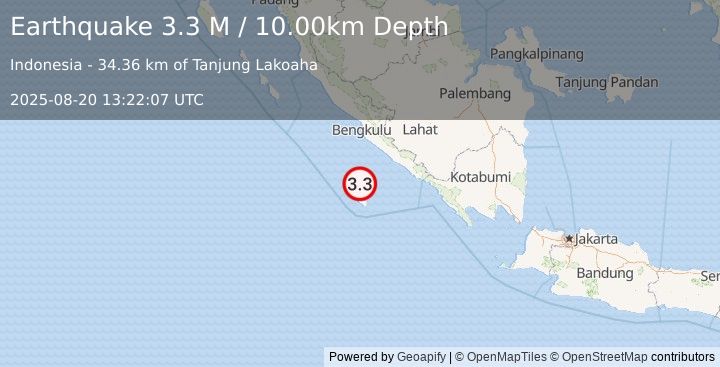 Earthquake Southern Sumatra, Indonesia (3.3 M) (2025-08-20 13:22:07 UTC)
