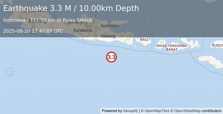 Earthquake South of Java, Indonesia (3.3 M) (2025-08-20 17:47:07 UTC)