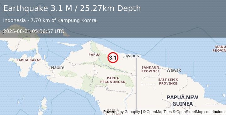 Earthquake Near North Coast of West Papua (3.1 M) (2025-08-21 05:36:57 UTC)