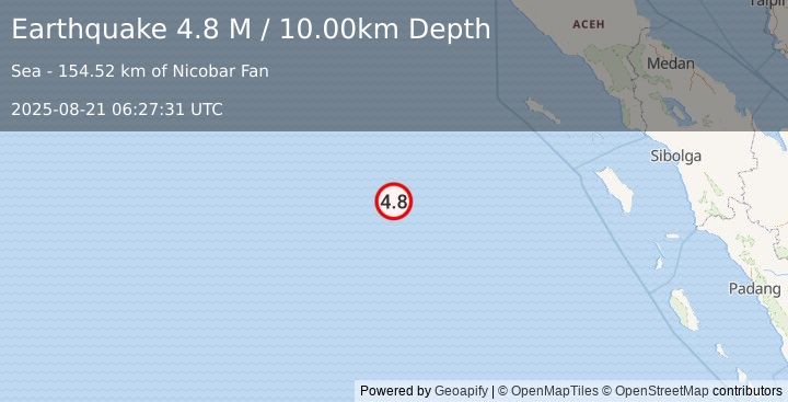 Earthquake Off West Coast of Northern Sumatra (4.8 M) (2025-08-21 06:27:31 UTC)
