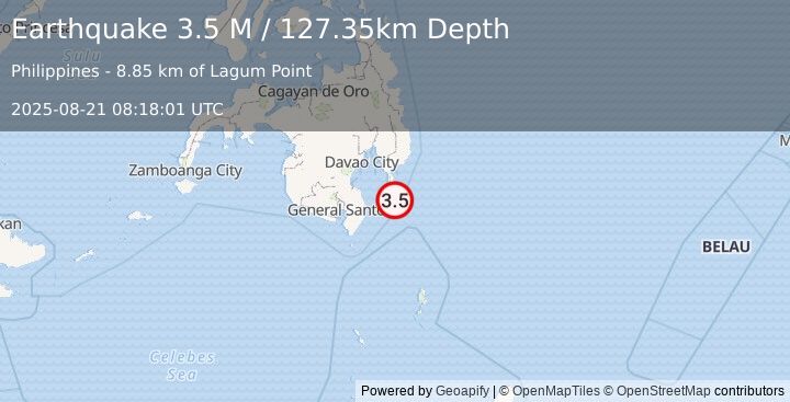 Earthquake Mindanao, Philippines (3.5 M) (2025-08-21 08:18:01 UTC)