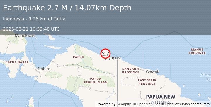 Earthquake Near North Coast of West Papua (2.7 M) (2025-08-21 10:39:40 UTC)