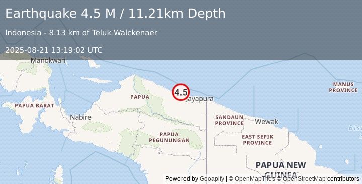 Earthquake Near North Coast of West Papua (4.5 M) (2025-08-21 13:19:02 UTC)