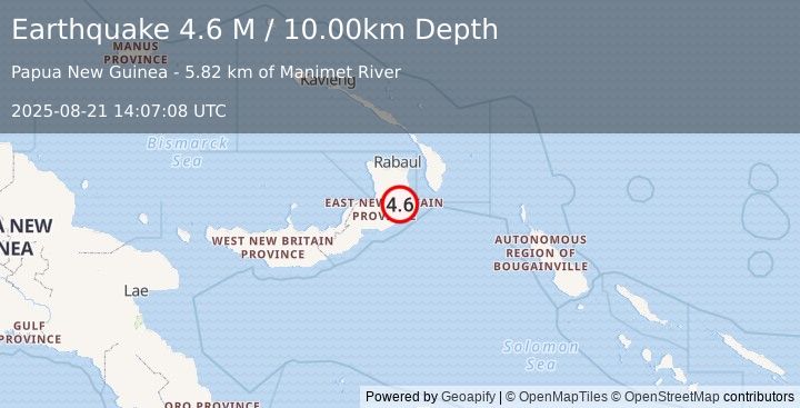 Earthquake New Britain Region, Papua New Guinea (4.6 M) (2025-08-21 14:07:08 UTC)