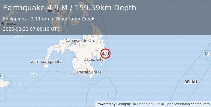 Earthquake Mindanao, Philippines (4.9 M) (2025-08-22 07:08:22 UTC)