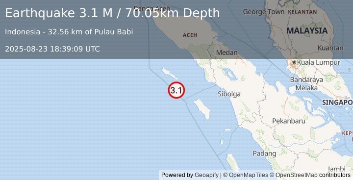 Earthquake Off West Coast of Northern Sumatra (3.1 M) (2025-08-23 18:39:09 UTC)