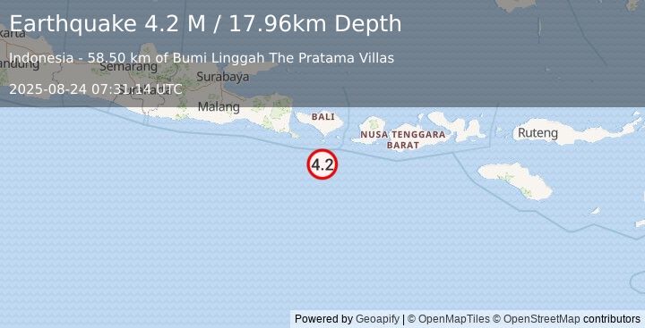Earthquake South of Bali, Indonesia (4.2 M) (2025-08-24 07:31:14 UTC)