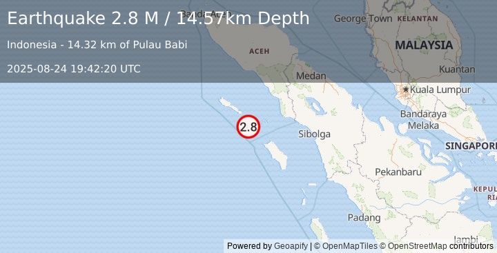 Earthquake Off West Coast of Northern Sumatra (2.8 M) (2025-08-24 19:42:21 UTC)