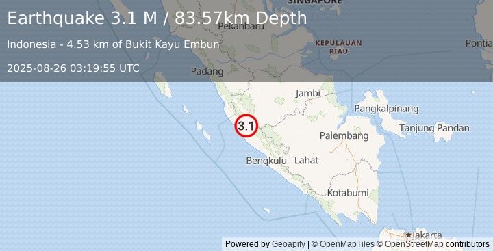 Earthquake Southern Sumatra, Indonesia (3.1 M) (2025-08-26 03:19:55 UTC)