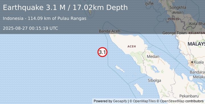 Earthquake Off West Coast of Northern Sumatra (3.1 M) (2025-08-27 00:15:19 UTC)