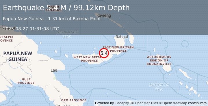 Earthquake New Britain Region, Papua New Guinea (5.4 M) (2025-08-27 01:31:08 UTC)