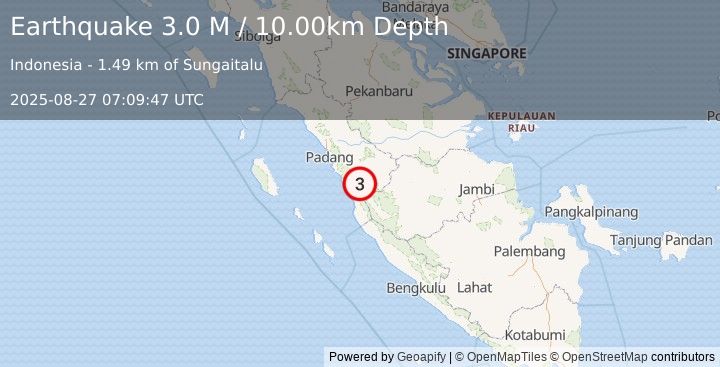 Earthquake Southern Sumatra, Indonesia (3.0 M) (2025-08-27 07:09:47 UTC)