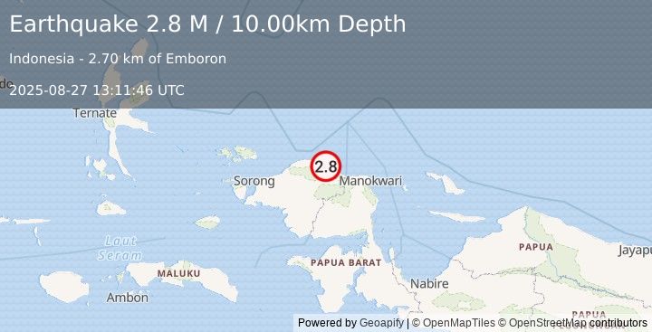 Earthquake West Papua Region, Indonesia (2.8 M) (2025-08-27 13:11:46 UTC)