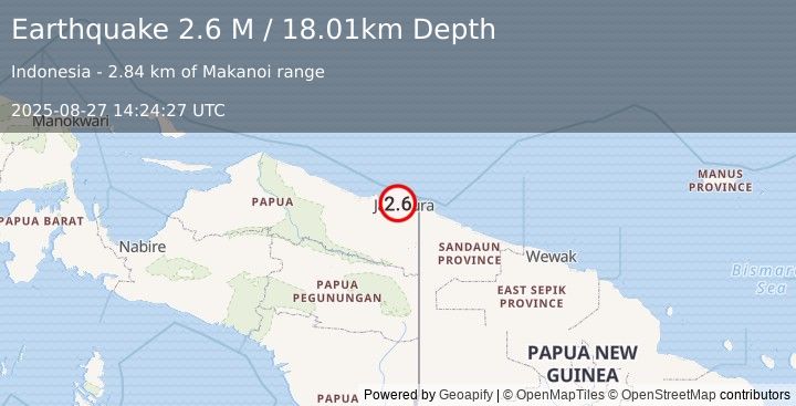 Earthquake Near North Coast of West Papua (2.6 M) (2025-08-27 14:24:27 UTC)