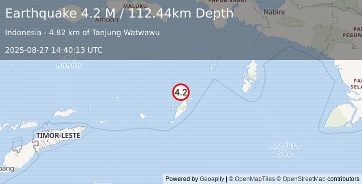 Earthquake Tanimbar Islands Region, Indonesia (4.3 M) (2025-08-27 14:40:12 UTC)
