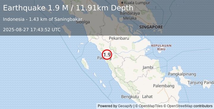 Earthquake Southern Sumatra, Indonesia (1.9 M) (2025-08-27 17:43:52 UTC)